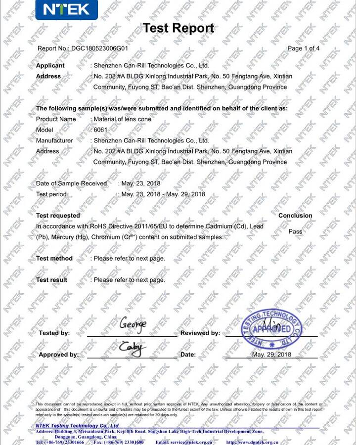 Lens Cone RoHS Certificate